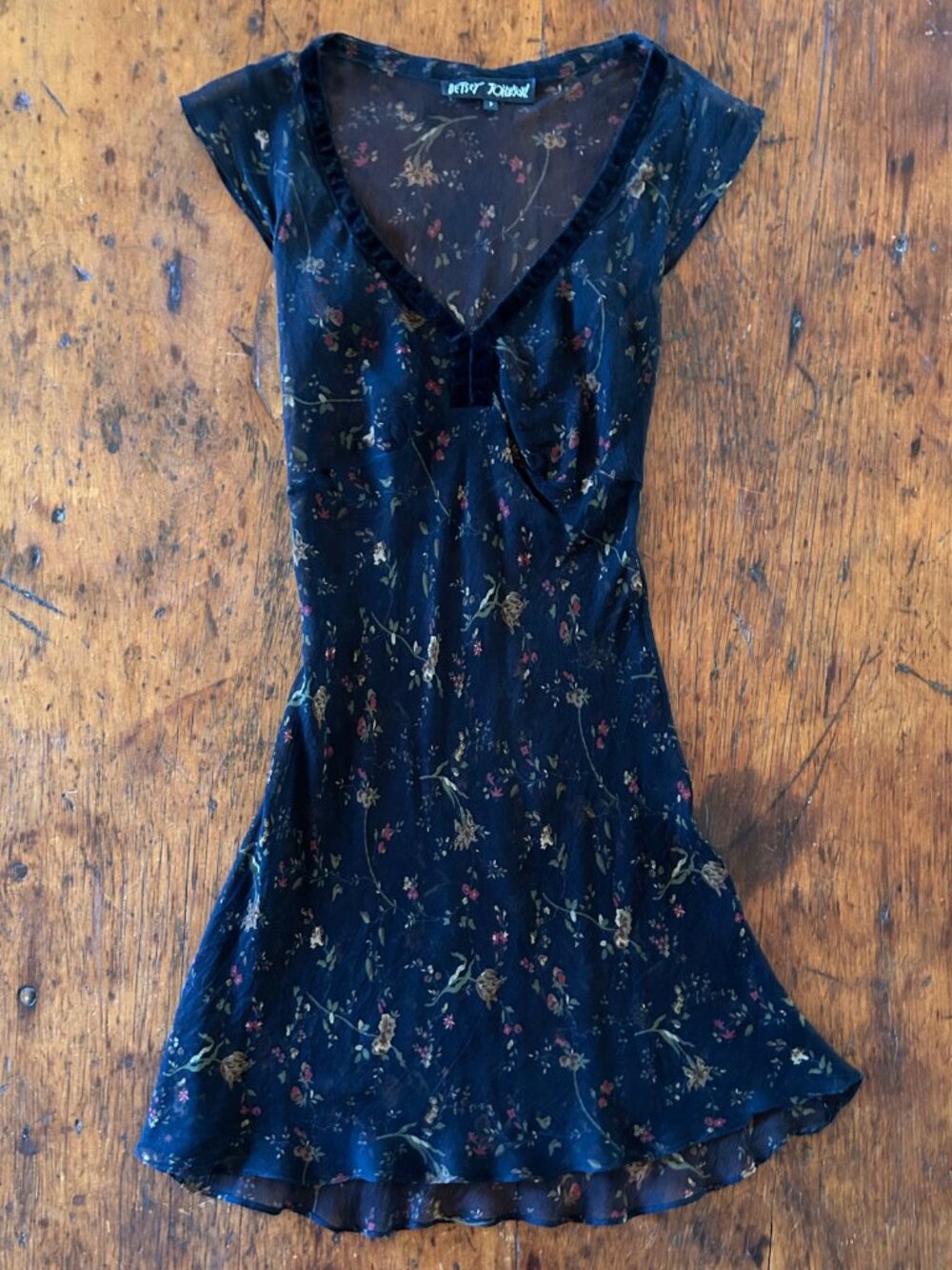 Vintage Betsey Johnson Black Silk Floral Print Mini Dress